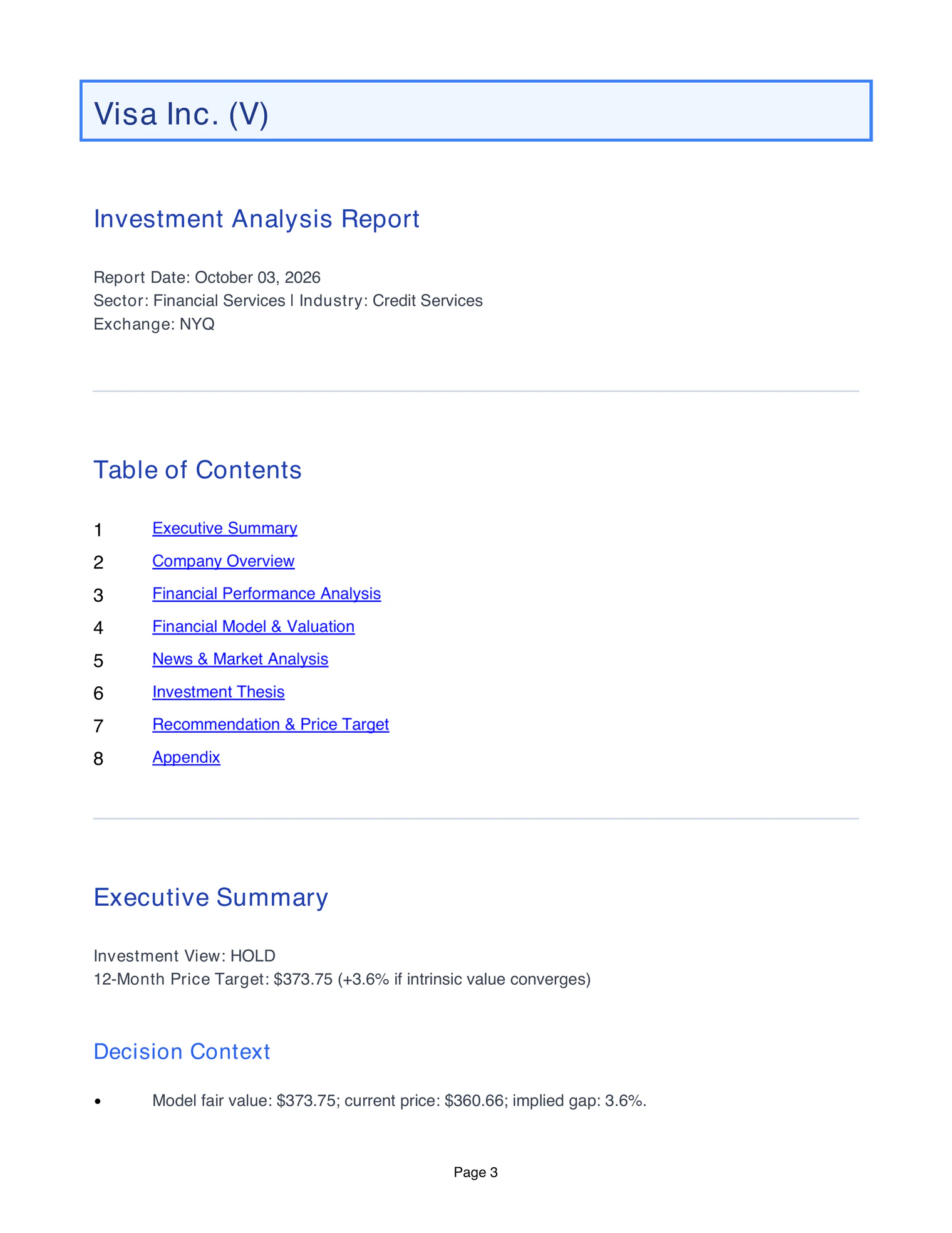 The executive summary page of VYNN's Visa report: a Hold, with a model fair value of $373.75 against a price of $360.66.