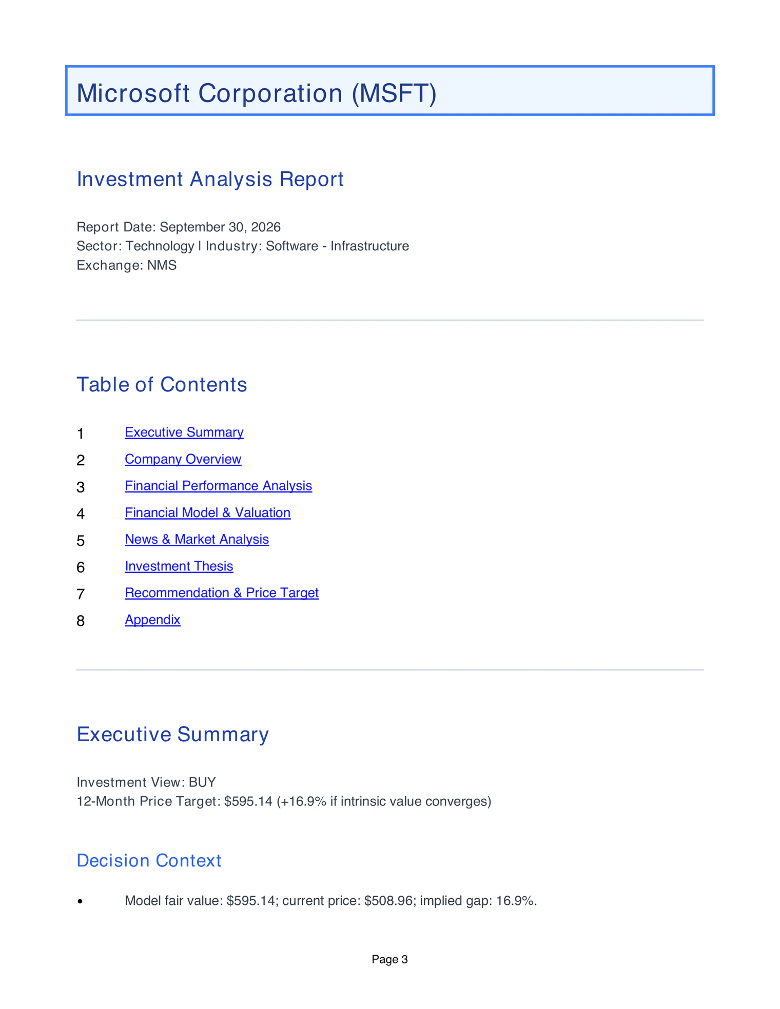 The executive summary page of VYNN's Microsoft report: a Buy, with a model fair value of $595.14 against a price of $508.96.