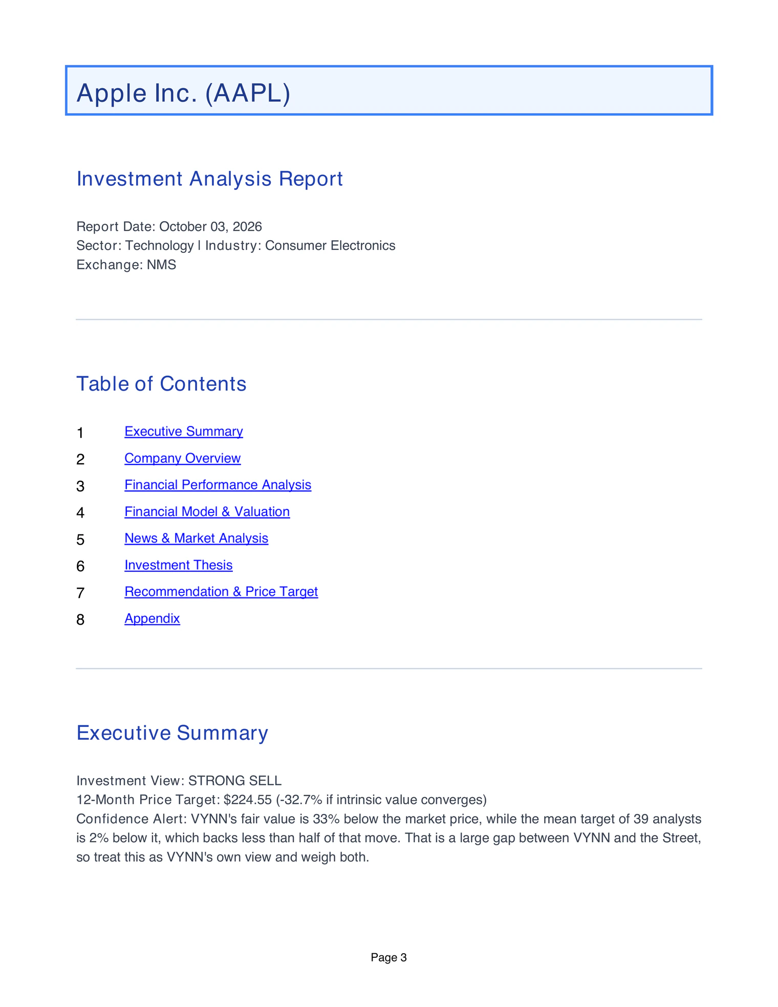 The executive summary page of VYNN's Apple report: a Strong Sell, with a model fair value of $224.55 against a price of $333.69, and its confidence alert.