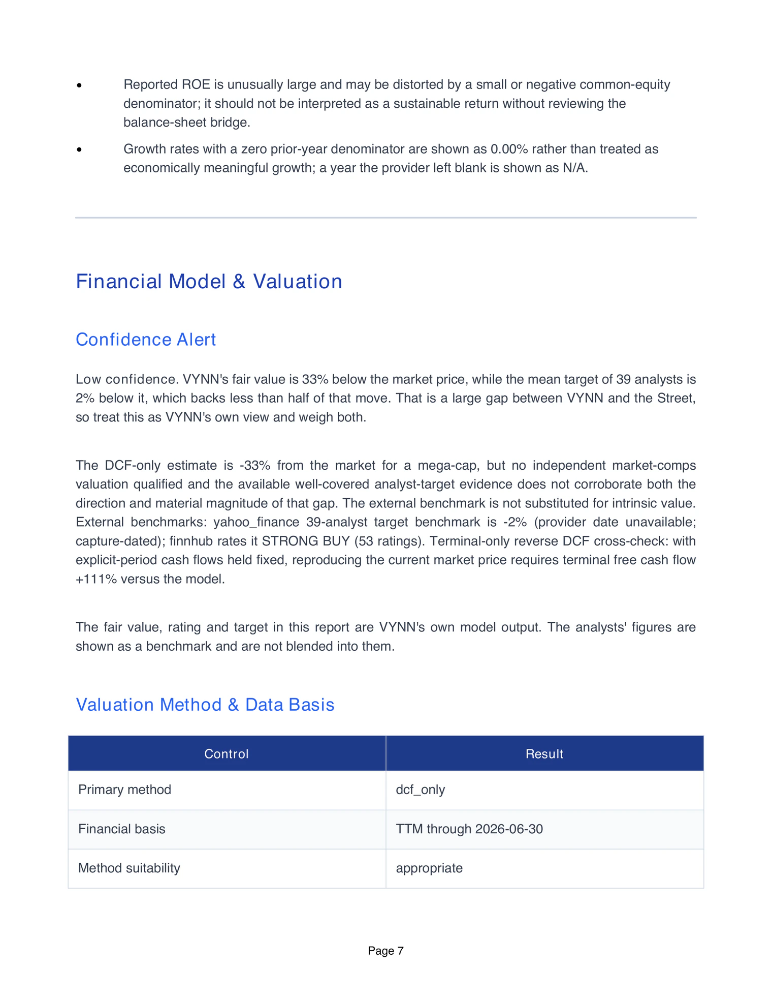 The financial model and valuation page of the Apple report, with the valuation method and its data basis.