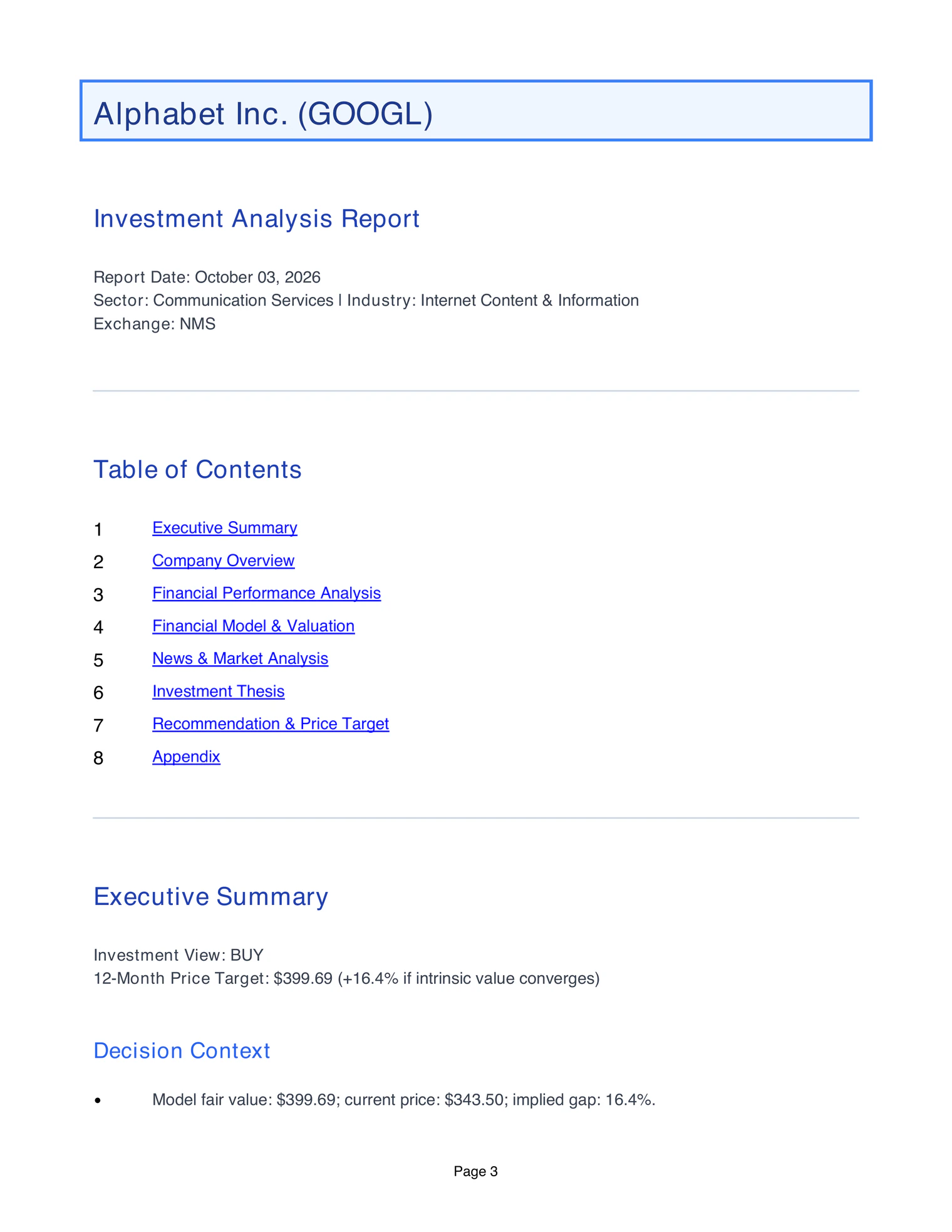 The executive summary page of VYNN's Alphabet report: a Buy, with a model fair value of $399.69 against a price of $343.50.